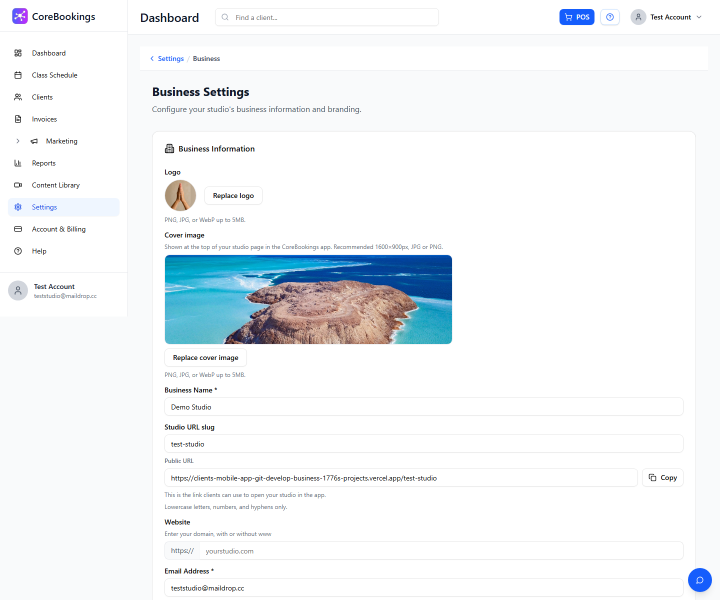 CoreBookings Business Settings page with studio details, public URL and booking policies
