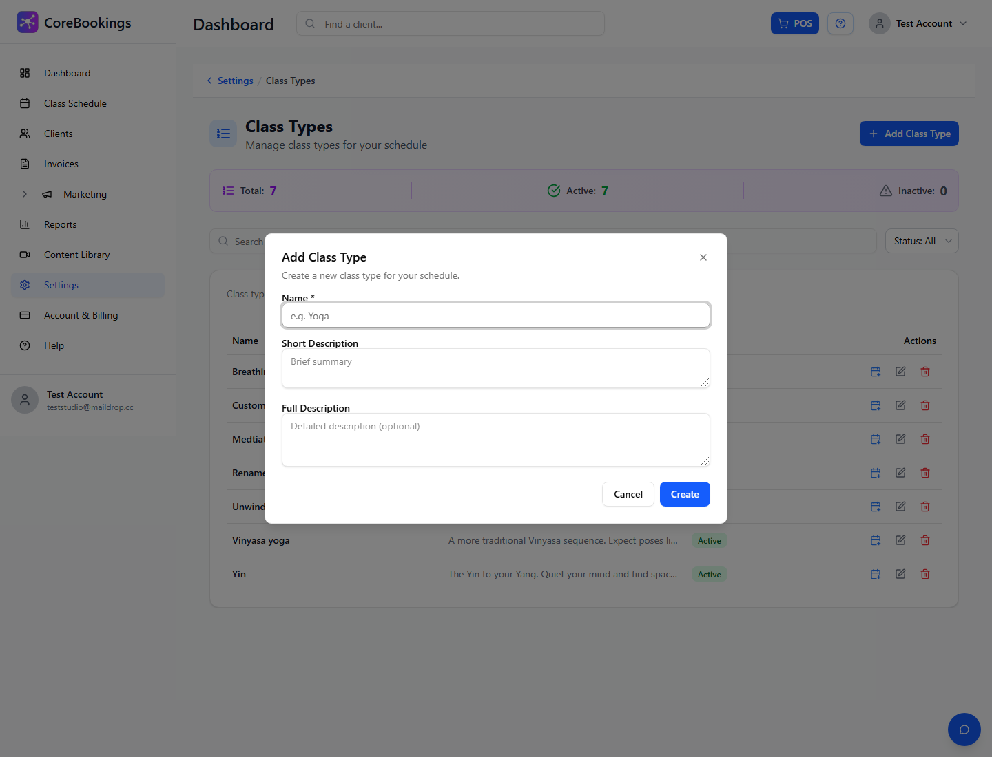 Add Class Type dialog with Name, Short Description, and Full Description fields
