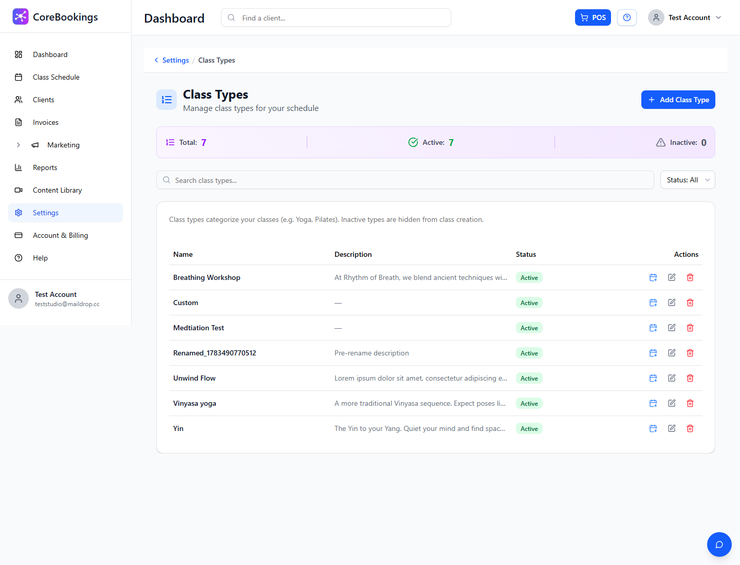 CoreBookings Class Types settings page with list, search, status filter, and Add Class Type