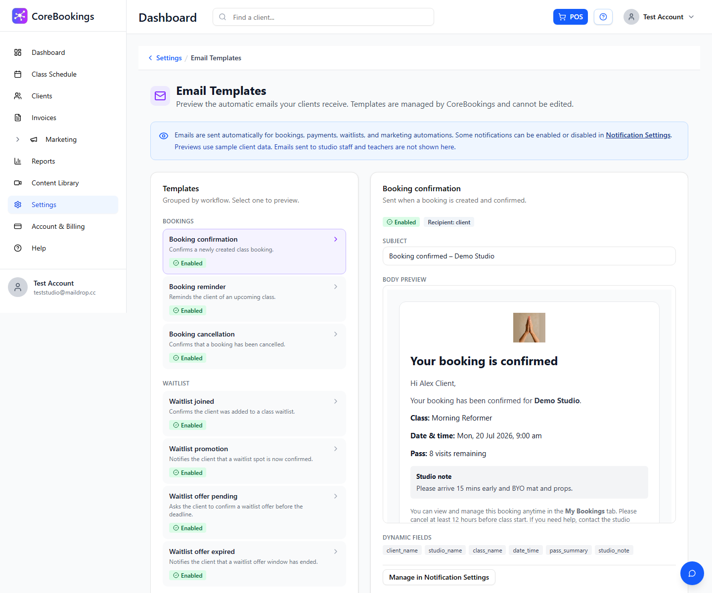 Email Templates catalogue in Settings