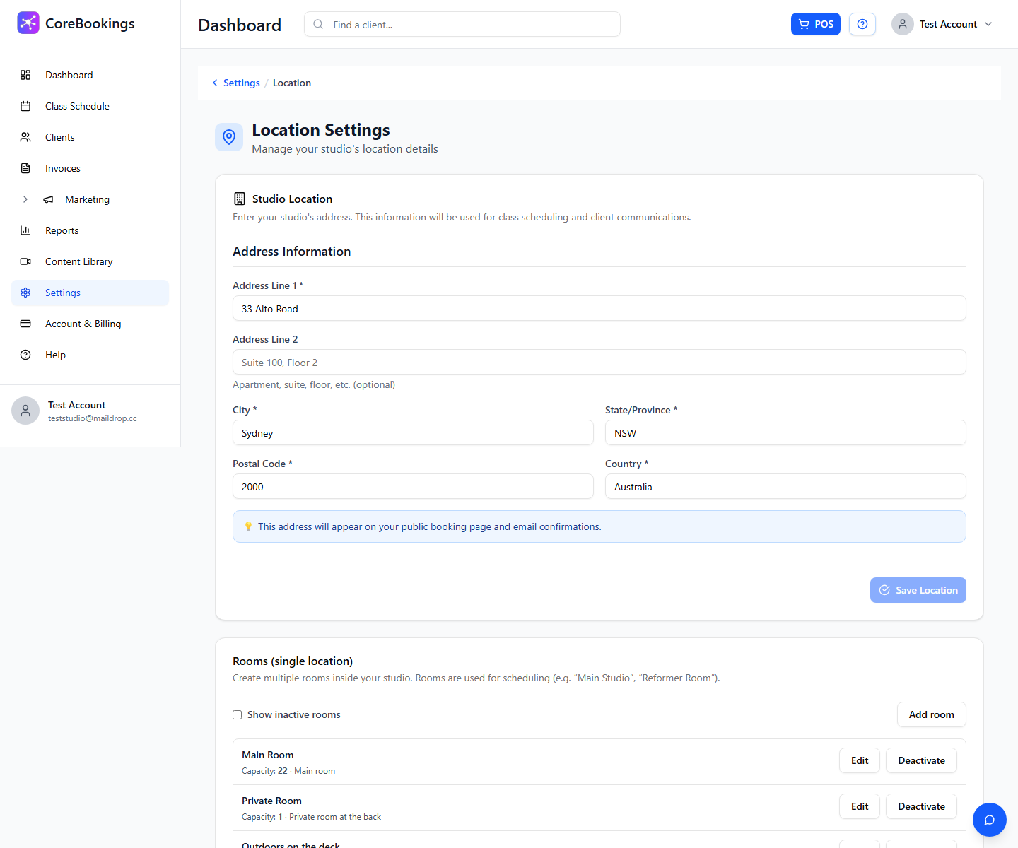 CoreBookings Location Settings page showing studio address and Rooms section
