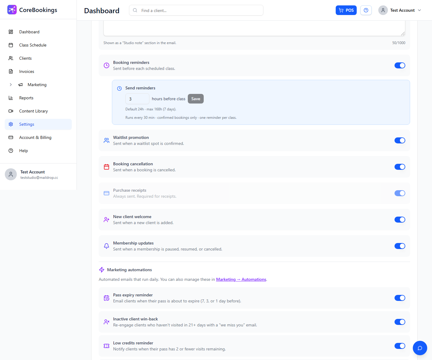 CoreBookings Notification Settings showing Purchase receipts always sent