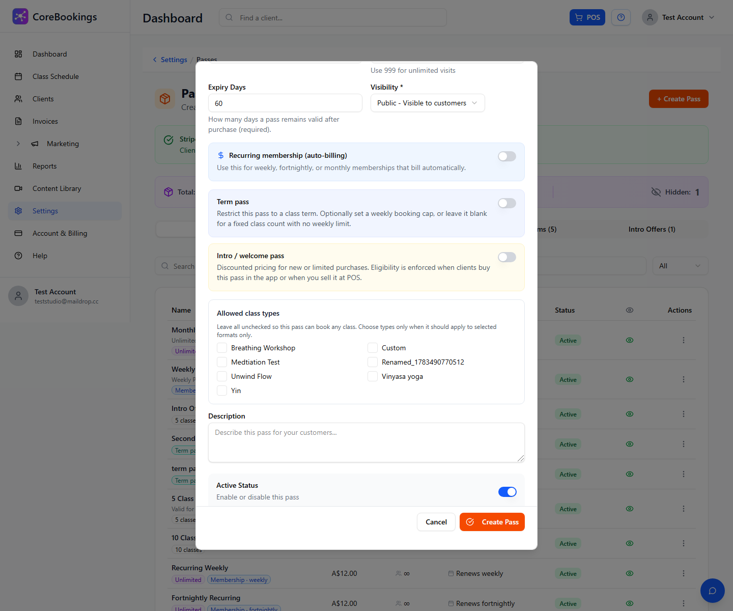 CoreBookings pass editor with Allowed class types section