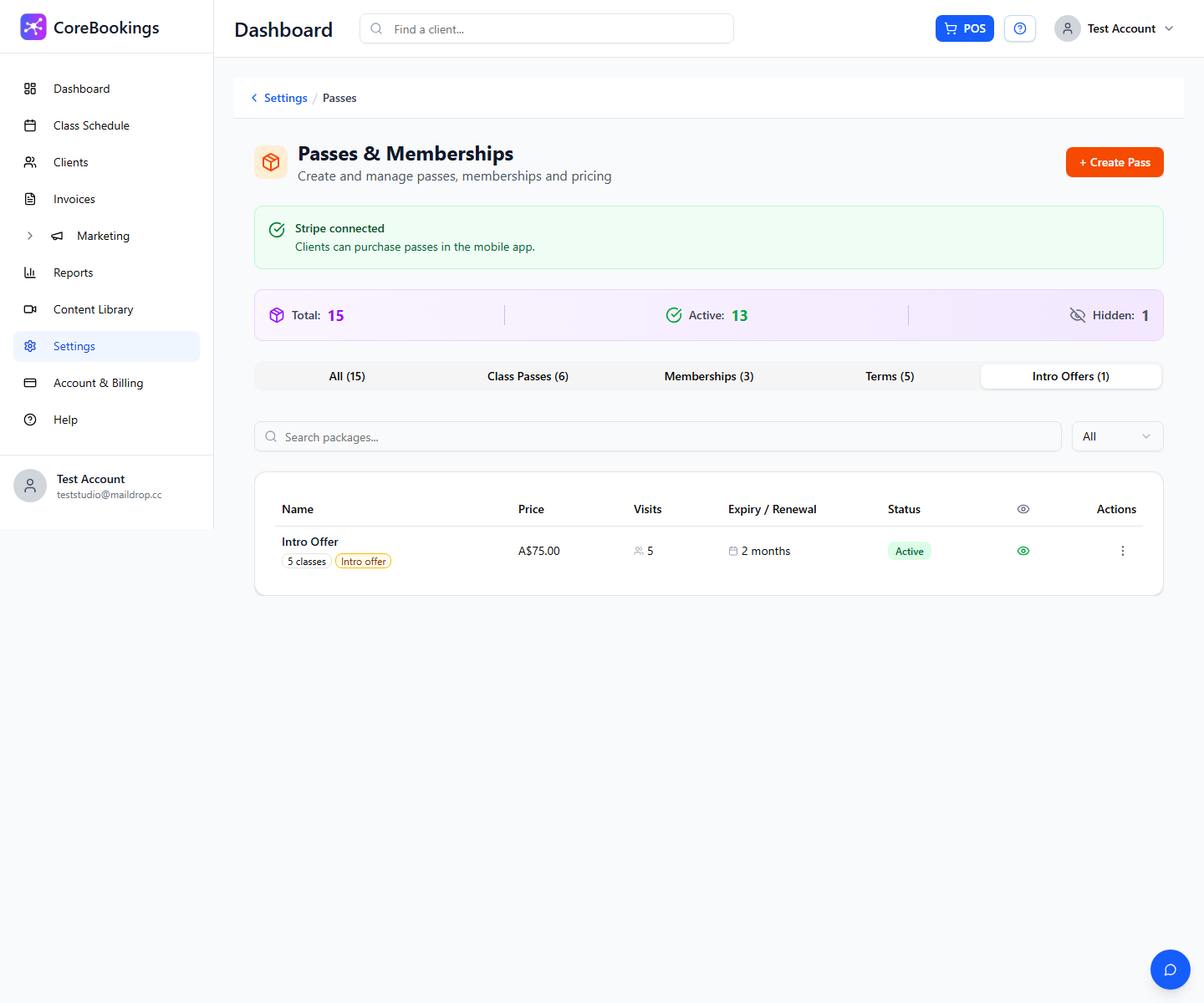 CoreBookings Passes settings filtered to Intro Offers