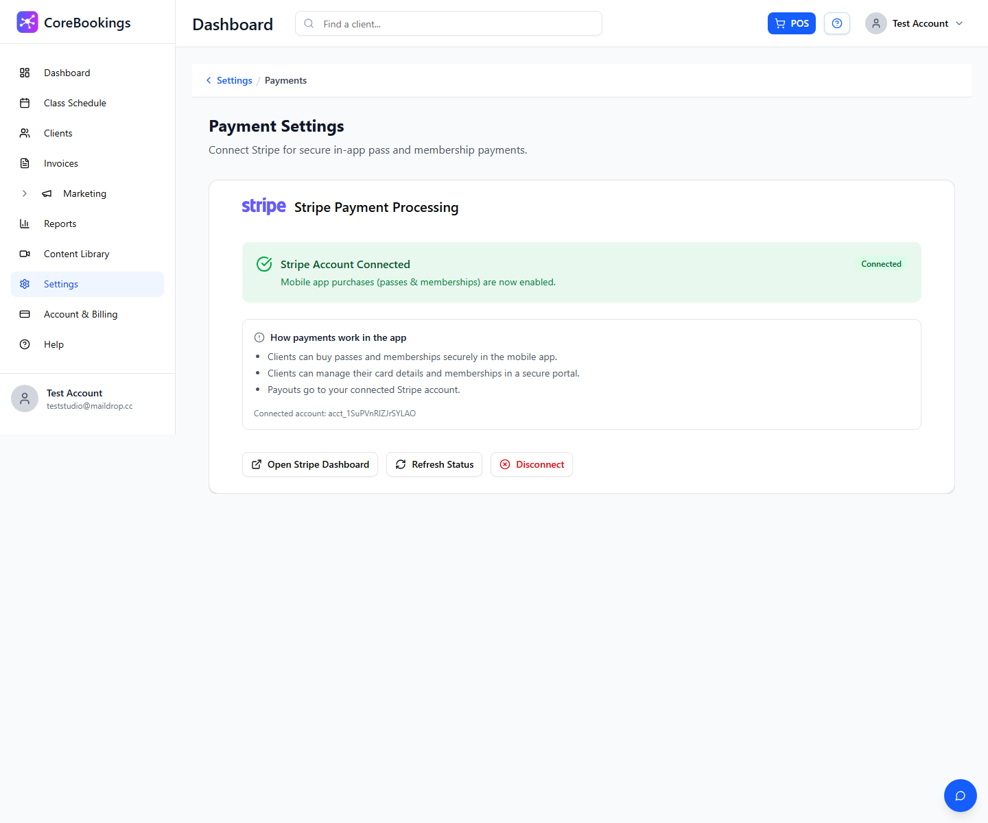 CoreBookings Payment Settings page showing Stripe Account Connected