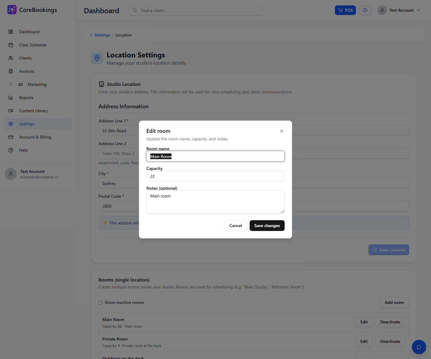CoreBookings Edit room dialog showing the Capacity field