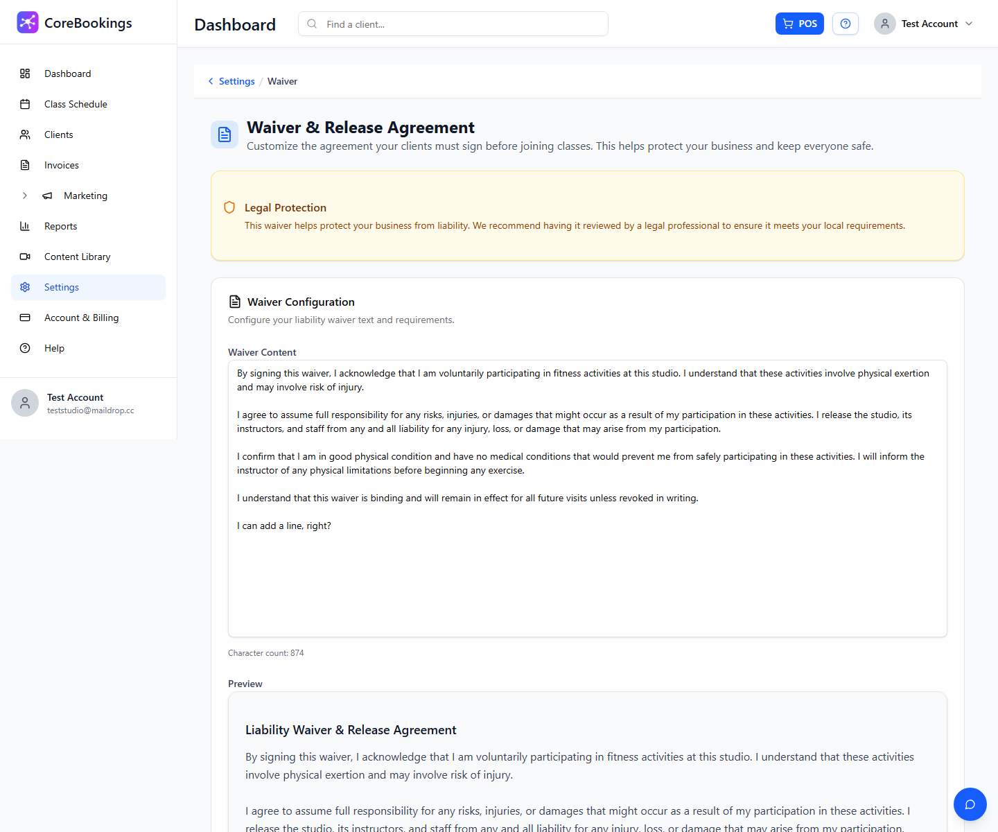 Settings Waiver page with Waiver Content editor