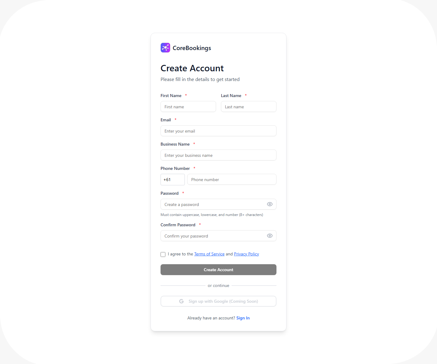 CoreBookings Create Account signup form with business name, email, and password fields