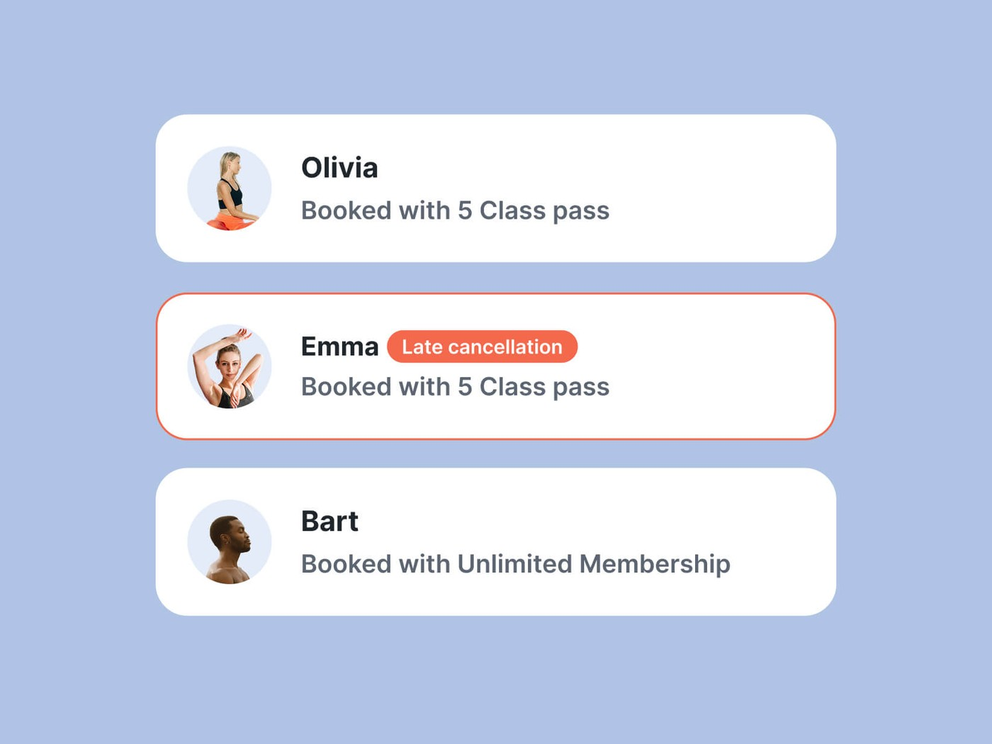 Momoyoga class roster showing booked students, passes and late cancellation status