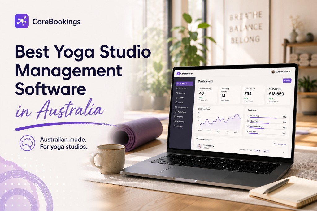 Best yoga studio management software in Australia — CoreBookings dashboard on laptop in a yoga studio