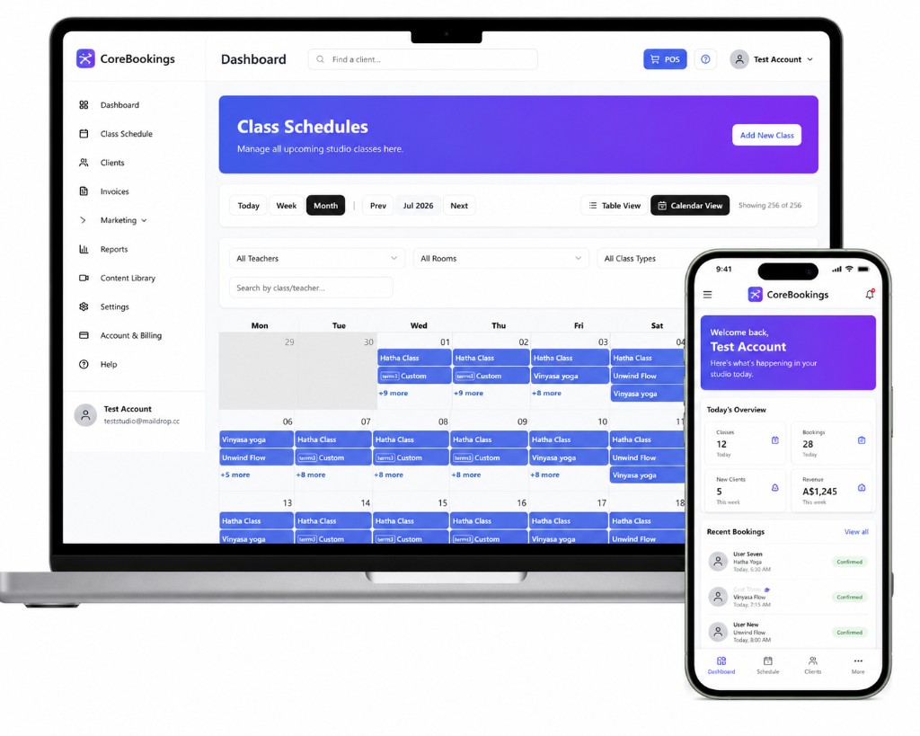 CoreBookings dashboard calendar showing a yoga studio class schedule