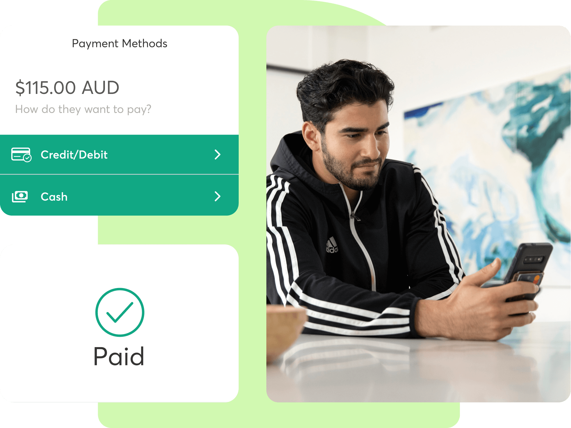 Mindbody payment methods screen showing credit card and cash options in Australian dollars