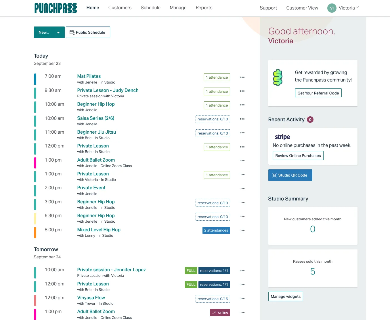 Punchpass home dashboard showing class schedule, reservations and studio summary