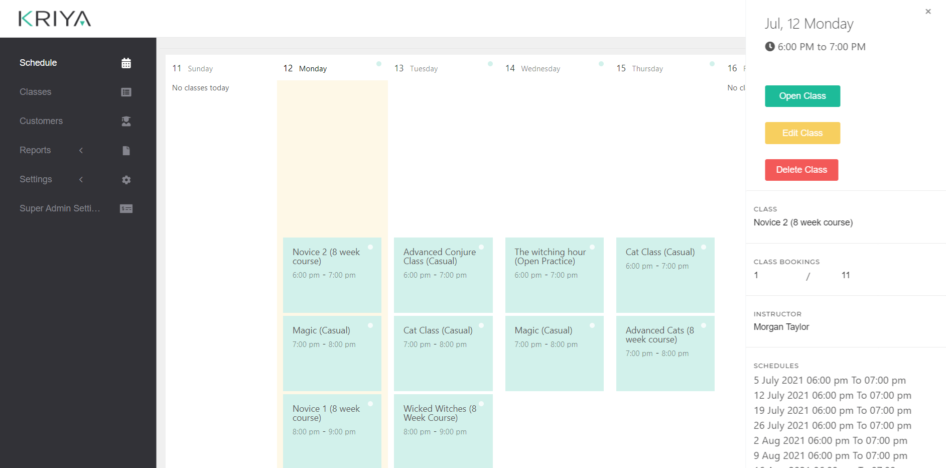 Manage Pole Dancing Classes Schedule - KRIYA Booking System